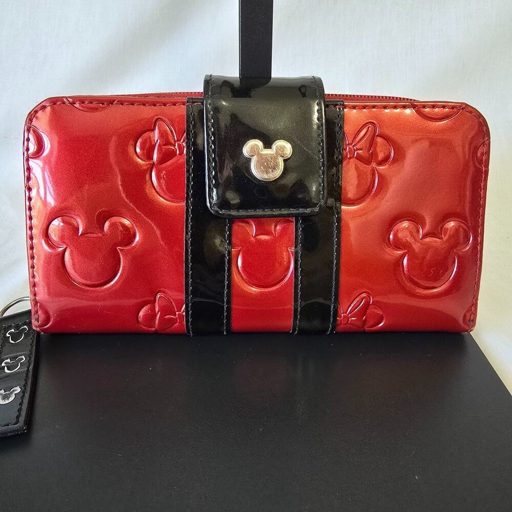 Disney Parks Loungefly Mickey & Minnie Mouse Debossed Wallet Red & Black 7.5"x4"